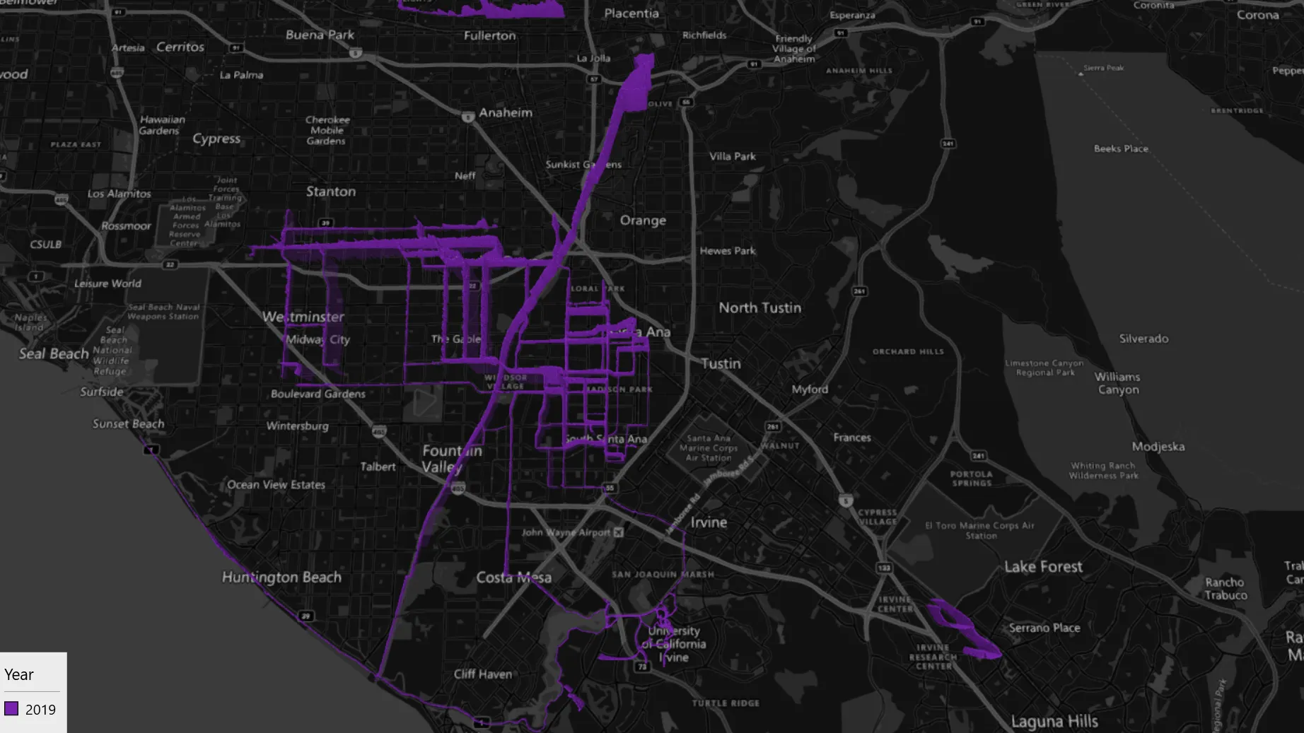Visualization of my 2019 rides in the Orange County.